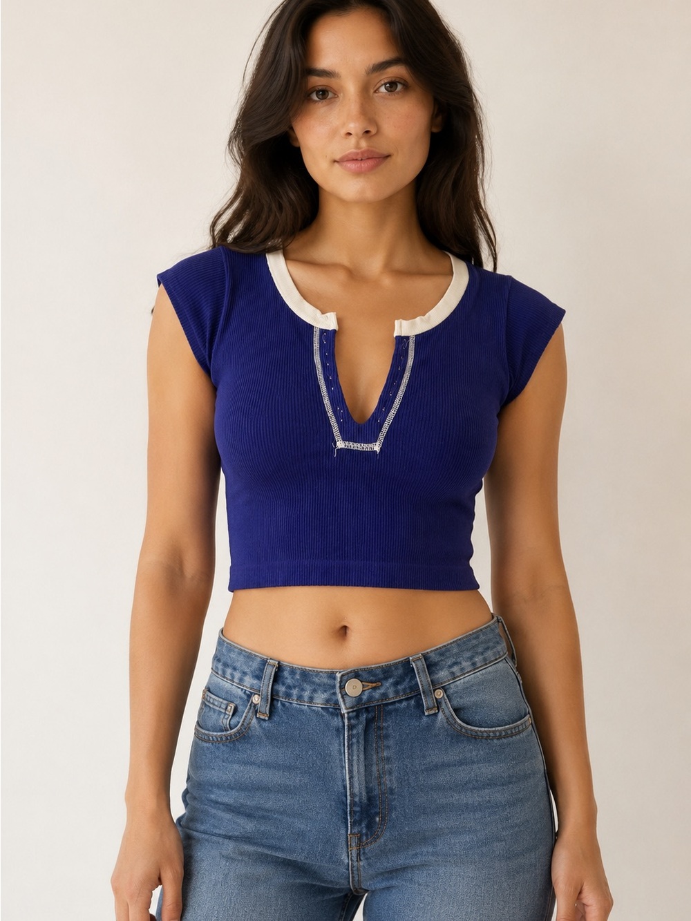Urban Outfitters Royal Blue Ribbed Crop Top with Cream Trim